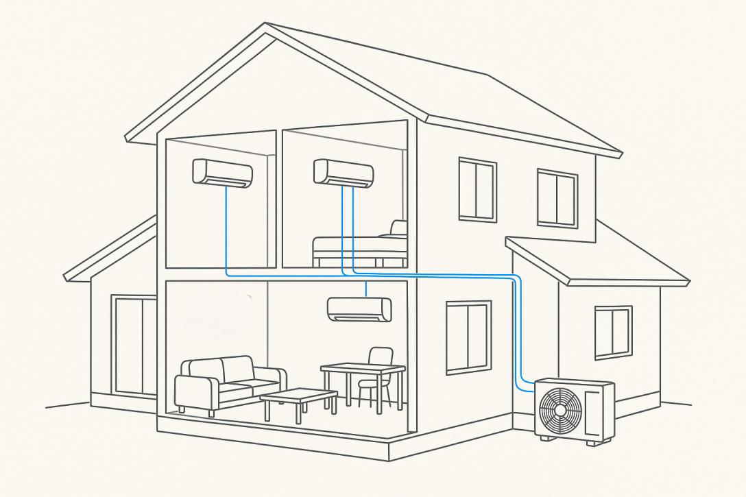 Tekninen piirros kahden kerroksen talosta, jossa yksi ulkoyksikkö palvelee kolmea sisäyksikköä eri huoneissa.